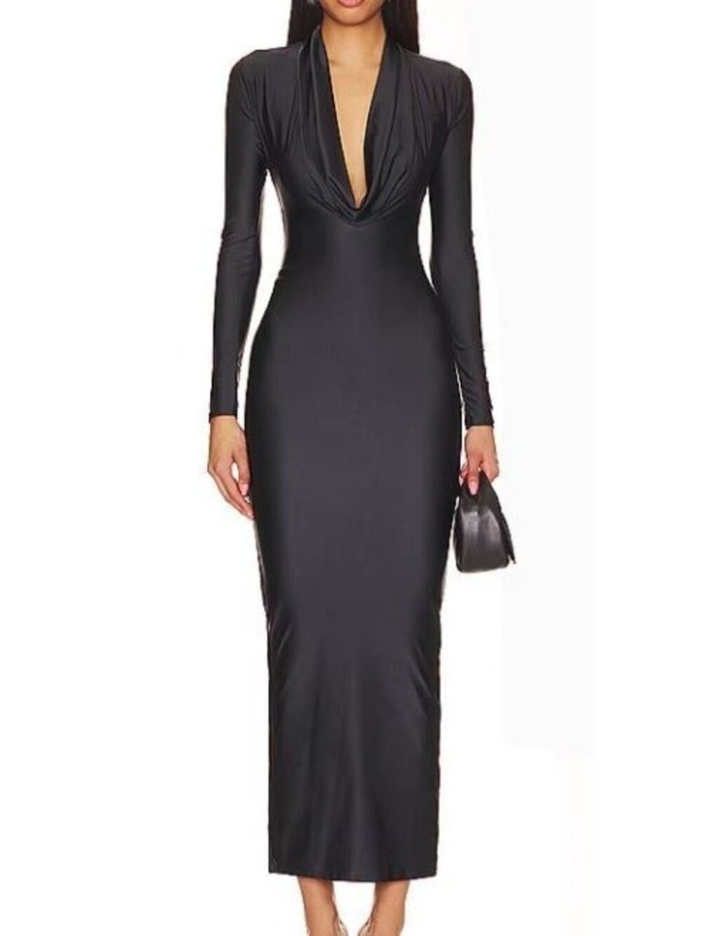 Good American Black Draped Cowl Neck Long Sleeve Bodycon Midi Dress Small Fitted